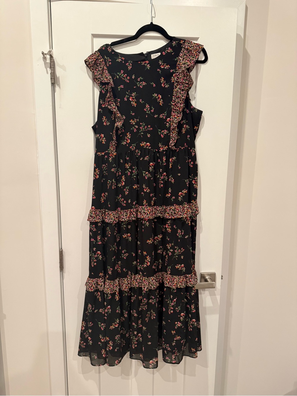 J. Crew Factory Black Maxi Dress with Pink Floral Ruffle Tiers - Picture 3 of 7